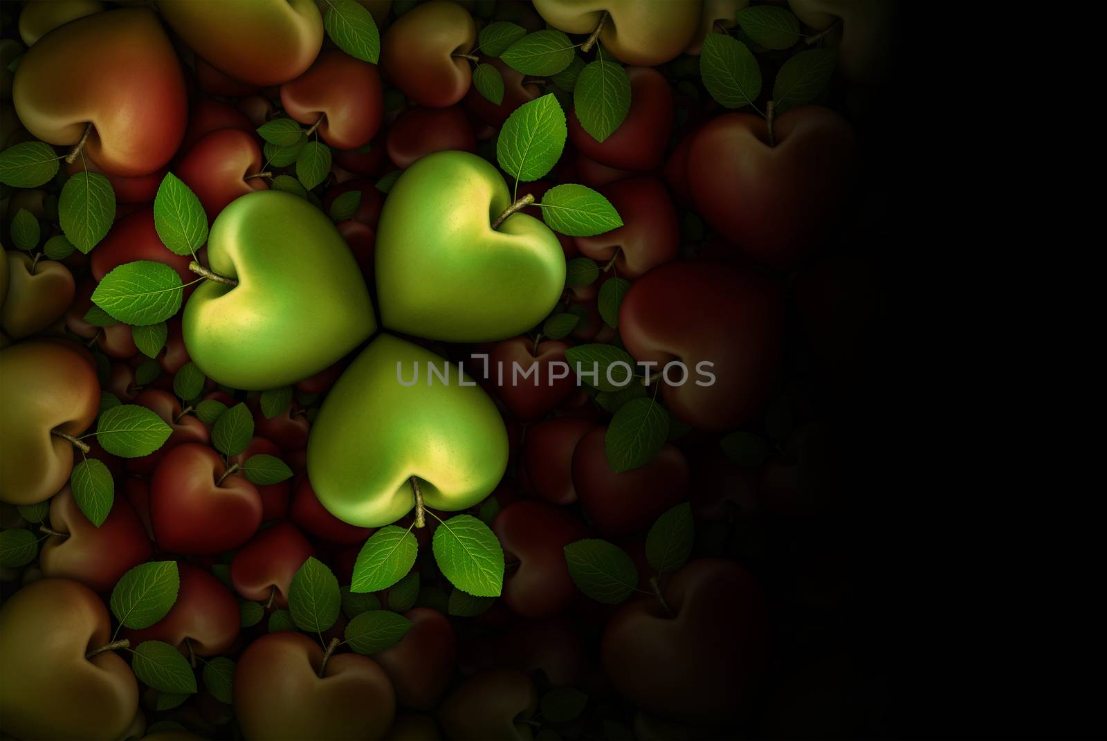 3D illustration of green and red heart shaped apples arranged in clover like three part groupings; faded to  a black background.