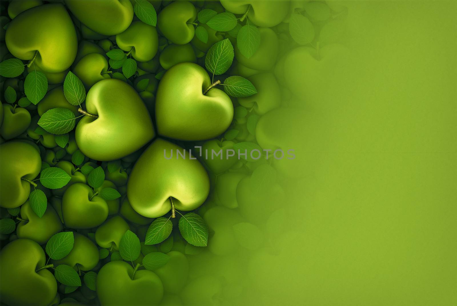 3D illustration of green heart shaped apples arranged in clover like three part groupings; faded to  a blank green background.