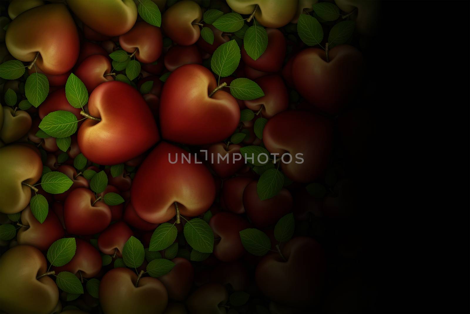 3D illustration of red heart shaped apples arranged in clover like three part groupings; faded to  a black background.