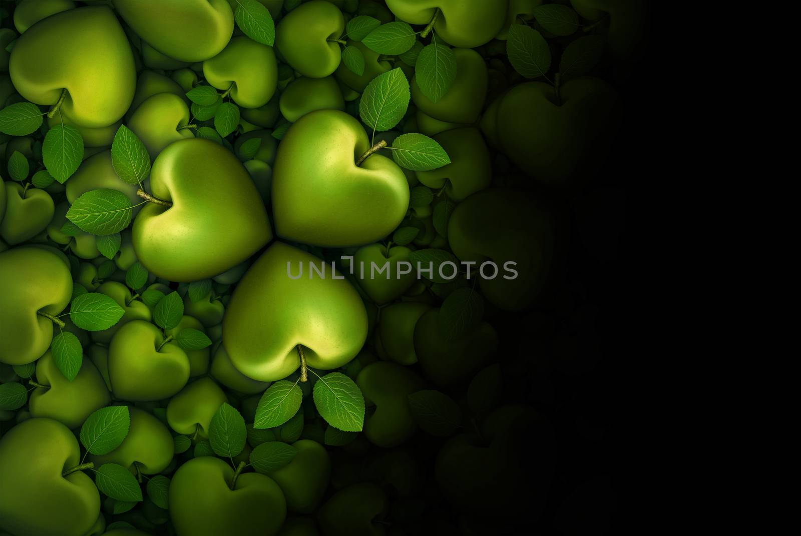 3D illustration of green heart shaped apples arranged in clover like three part groupings; faded to  a black background.