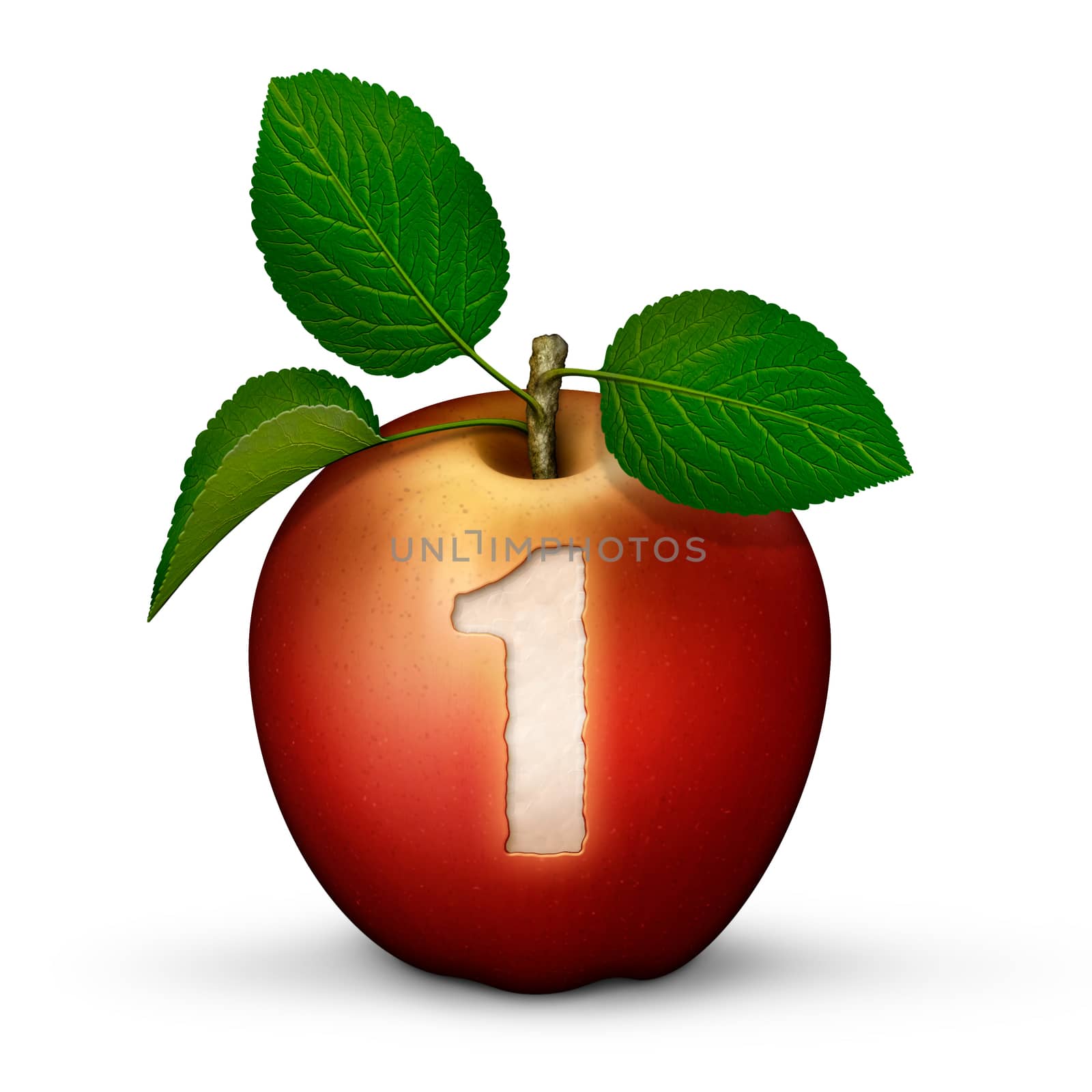 3D illustration of an apple with the number 1 bitten out of it.
