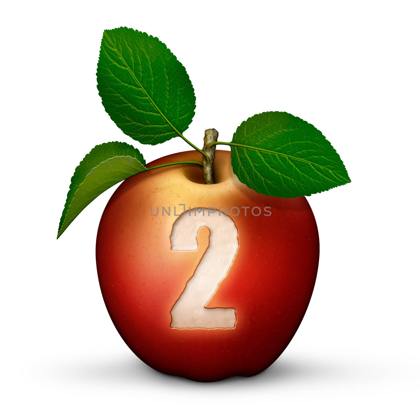 3D illustration of an apple with the number 2 bitten out of it.