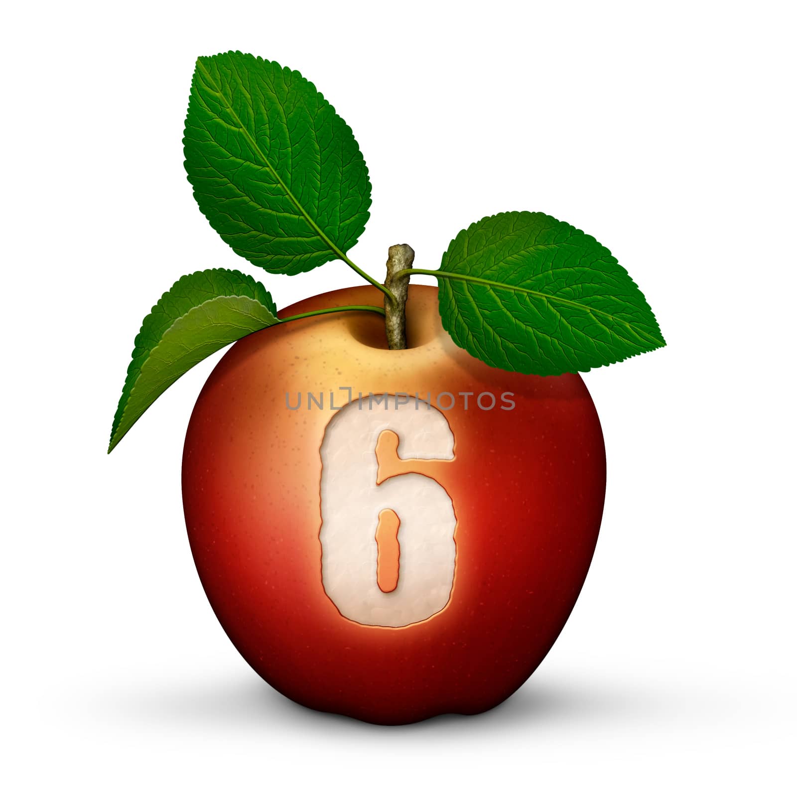 3D illustration of an apple with the number 6 bitten out of it.