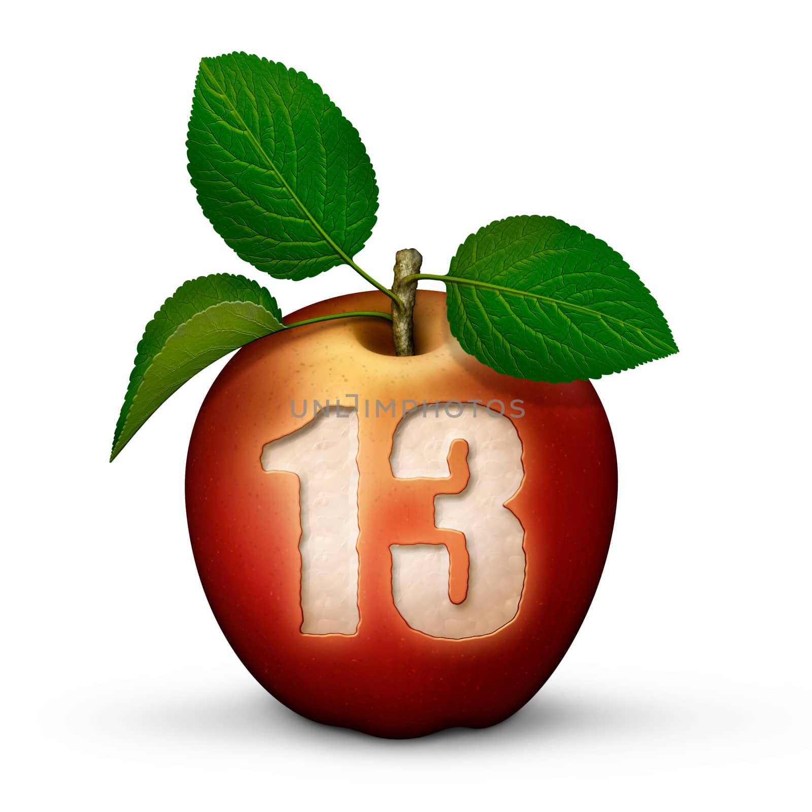 3D illustration of an apple with the number 13 bitten out of it.
