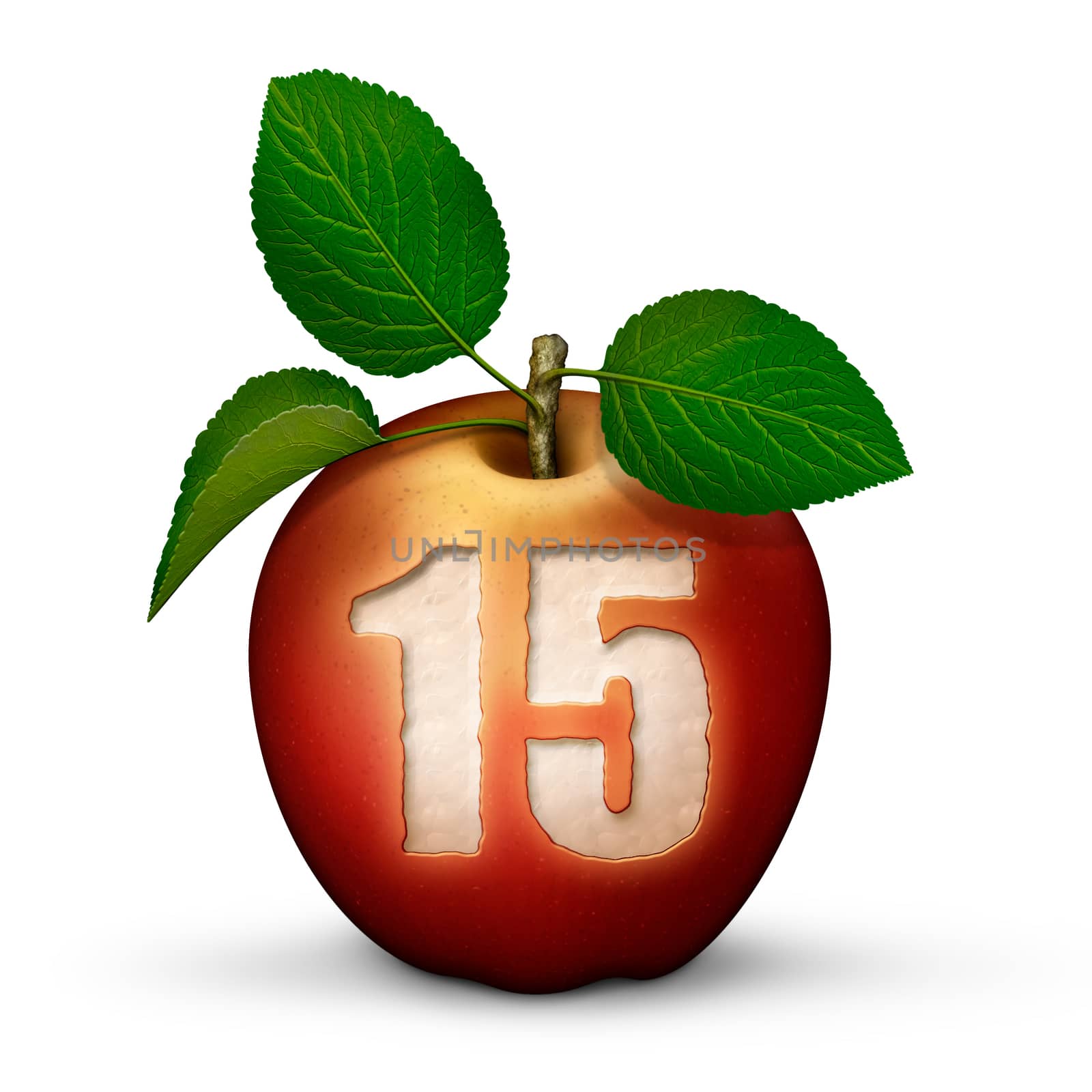 3D illustration of an apple with the number 15 bitten out of it.
