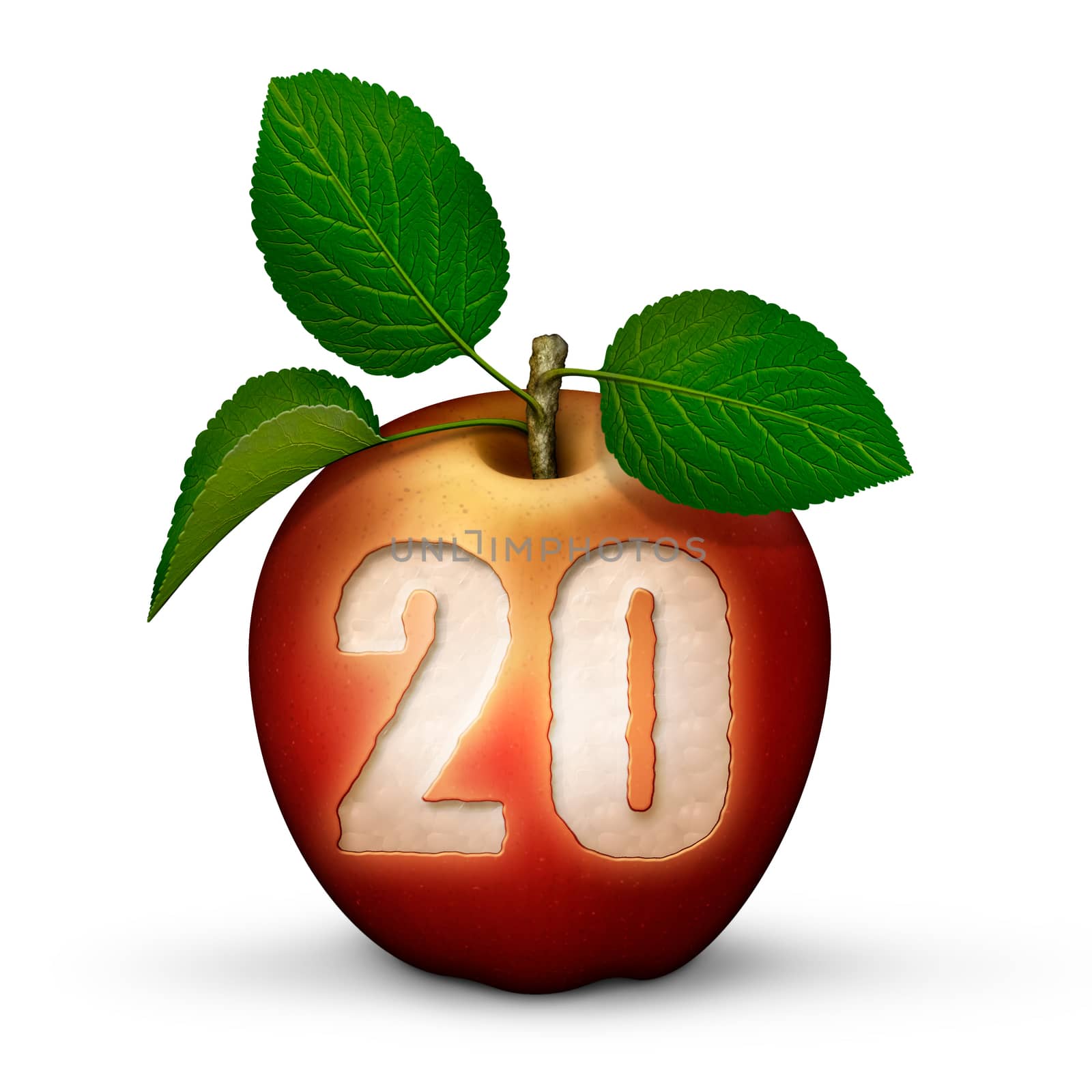 3D illustration of an apple with the number 20 bitten out of it.