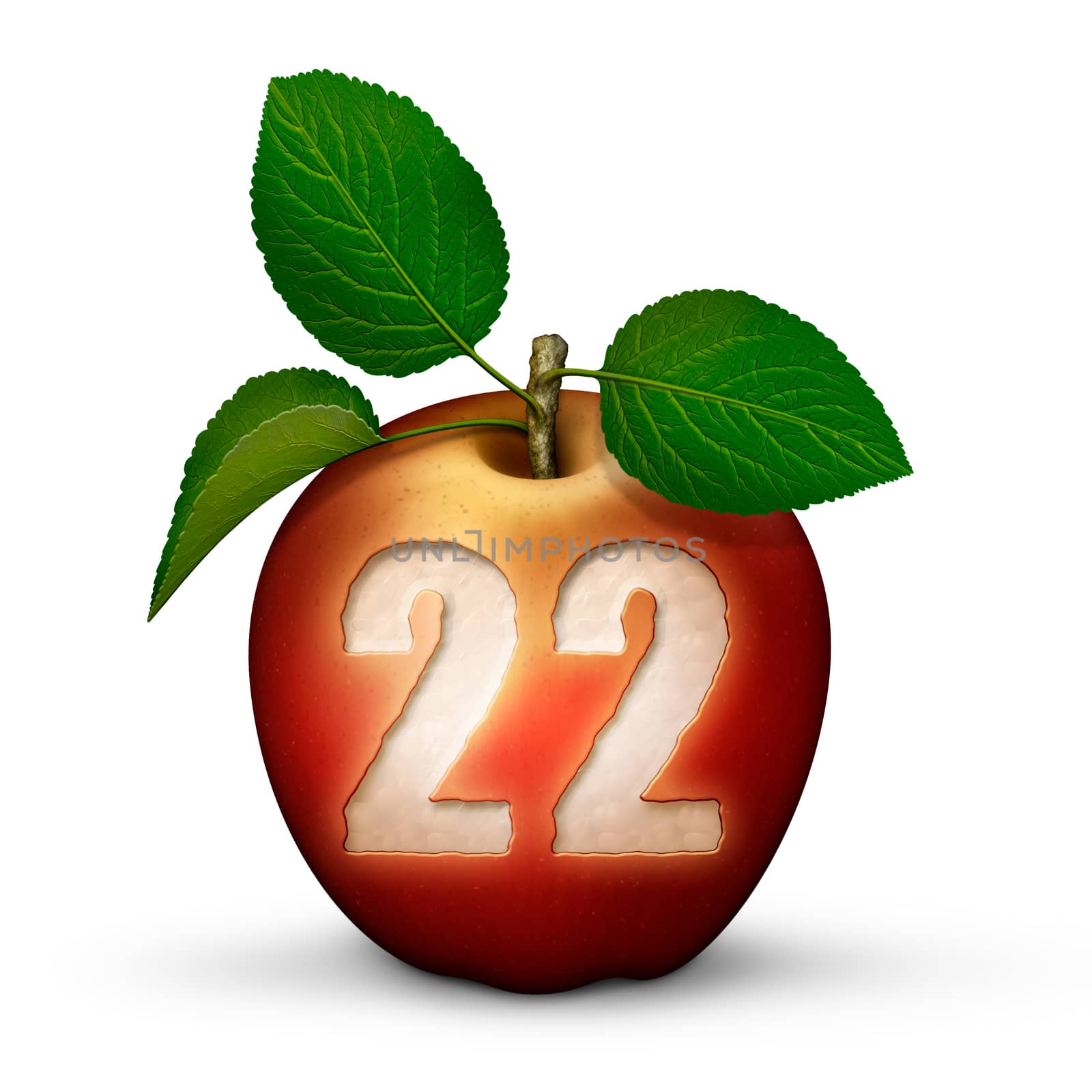 3D illustration of an apple with the number 22 bitten out of it.