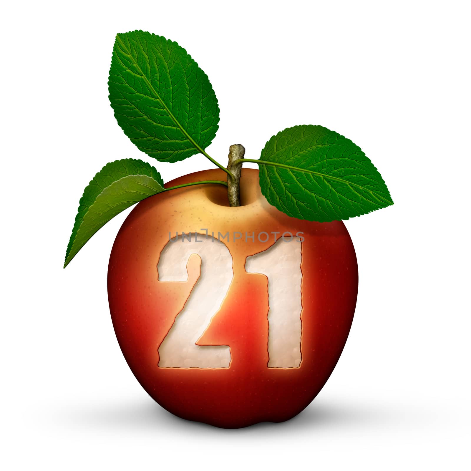 3D illustration of an apple with the number 21 bitten out of it.