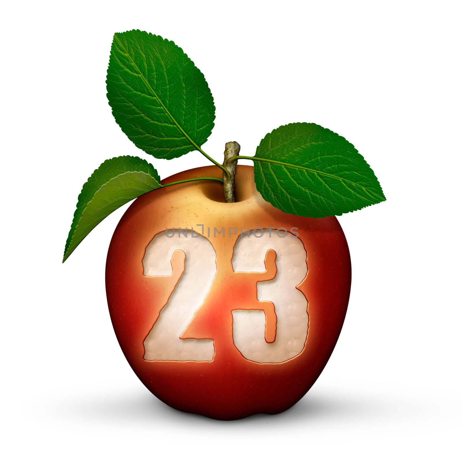 3D illustration of an apple with the number 23 bitten out of it.