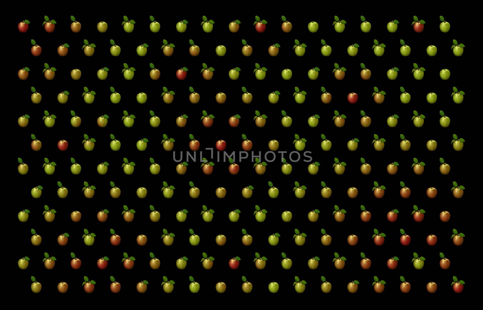 3D illustration of red and green apples arranged in a pattern against a black background.