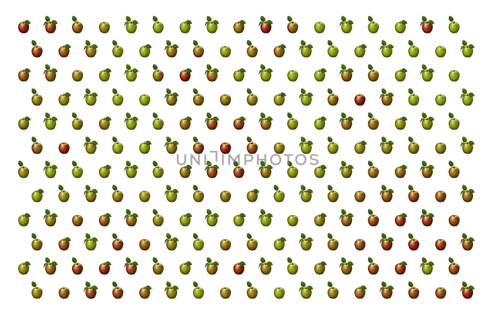 3D illustration of red and green apples arranged in a pattern against a white background.