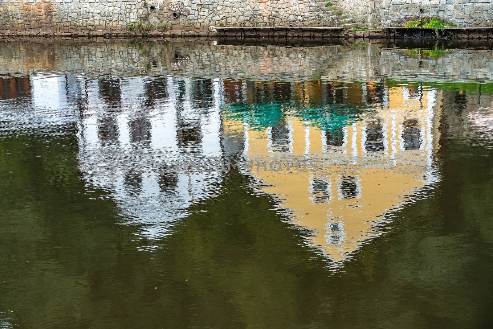 Reflection of Colourful Buildings along the Vlatava River in Kru by phil_bird