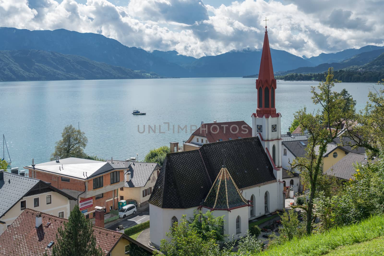 View of the Evangelical Parish Church in Attersee