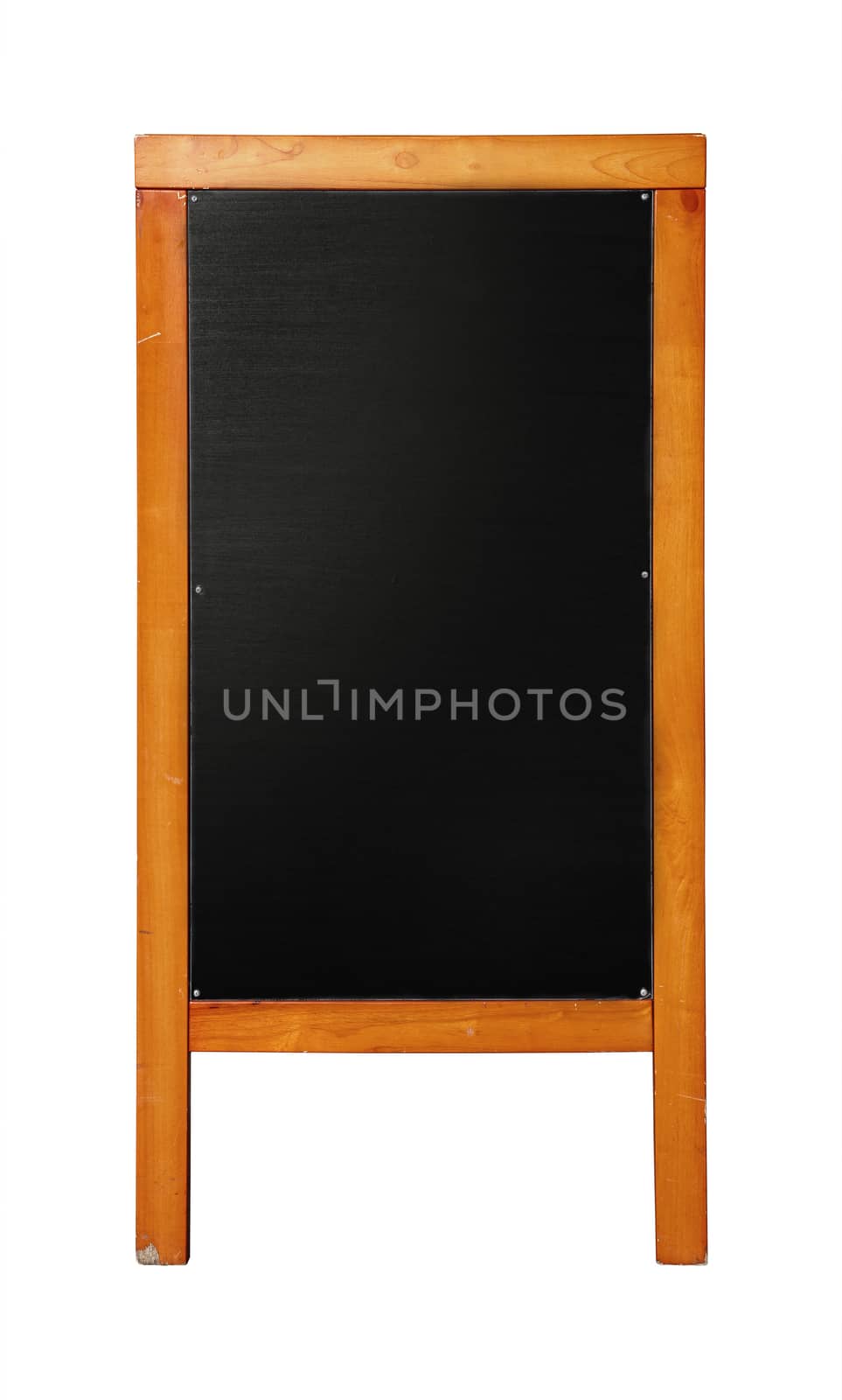 Close up of black standing blank clean chalkboard menu in brown wooden frame isolated on white background
