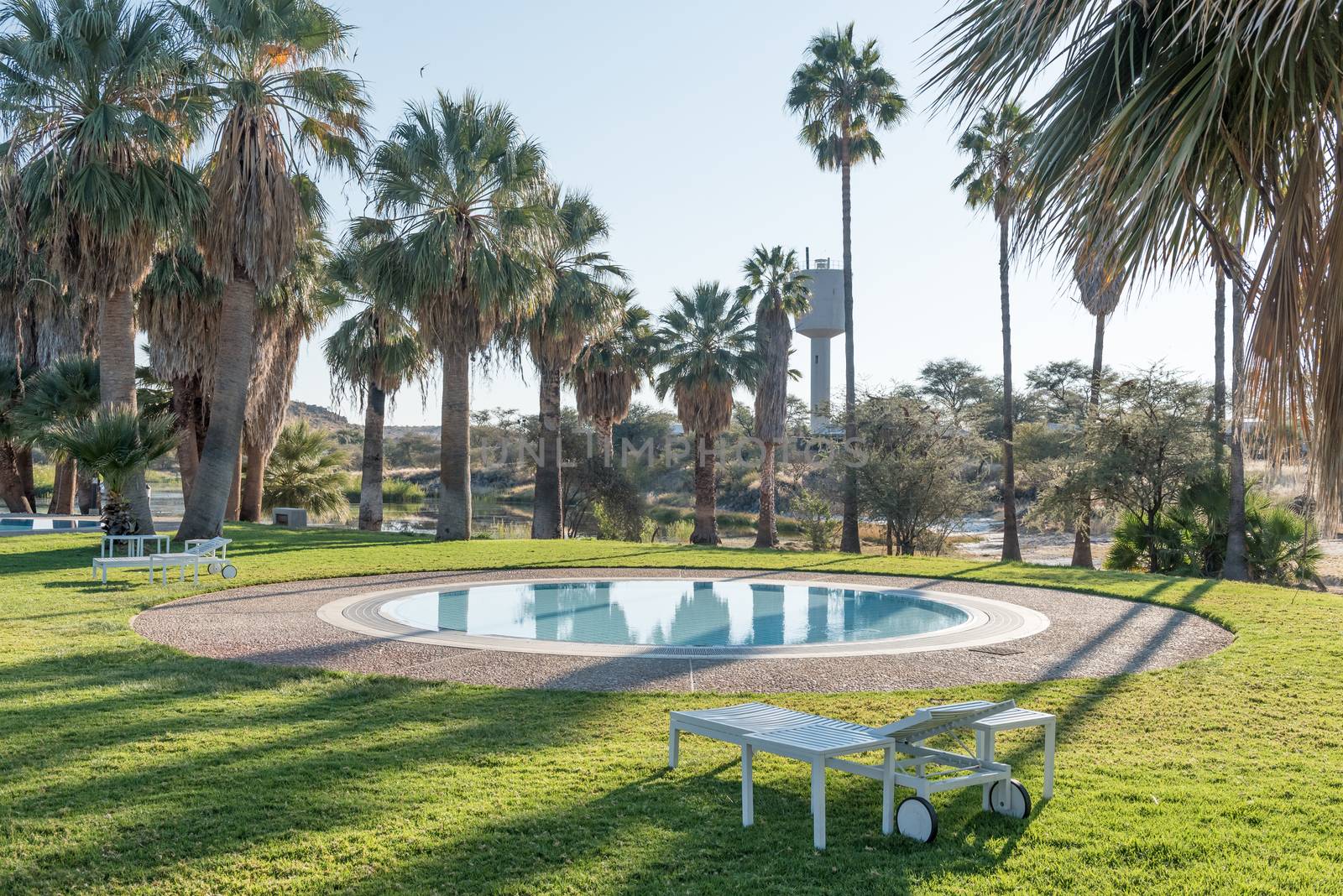 A swimming pool with a reservoir in the back at Gross Barmen, near Okahandja in the Otjozondjupa Region of Namibia