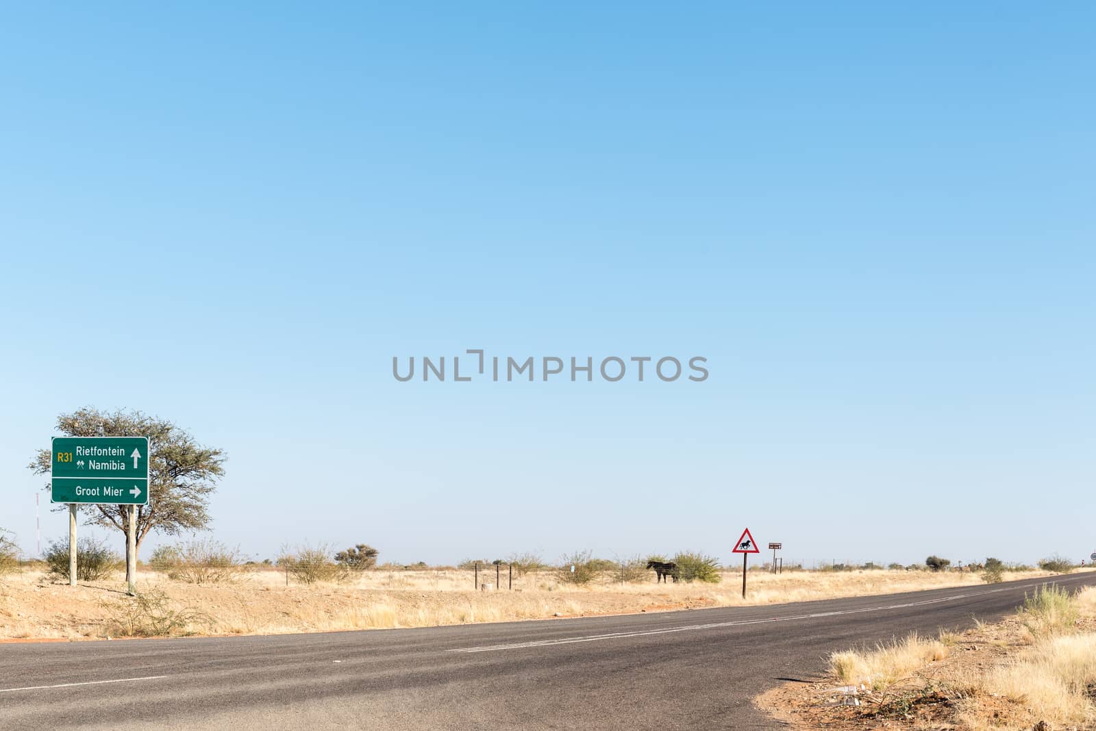 Turn-off from R31-road to Groot Mier (small ant), a village  in the Northern Cape Province of South Africa. A horse and horse warning sign is visible