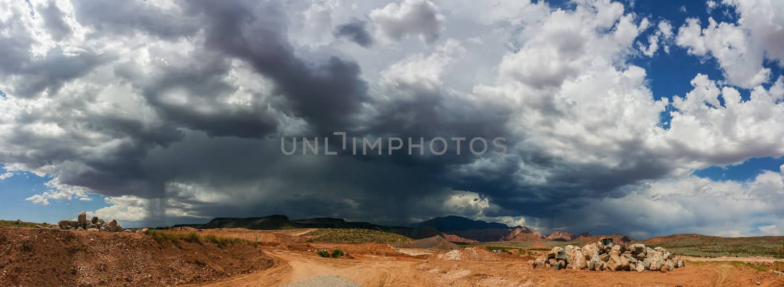Ominous Stormy Sky and Cumulus Clouds with Rain Pano in the Desert. by Feverpitched