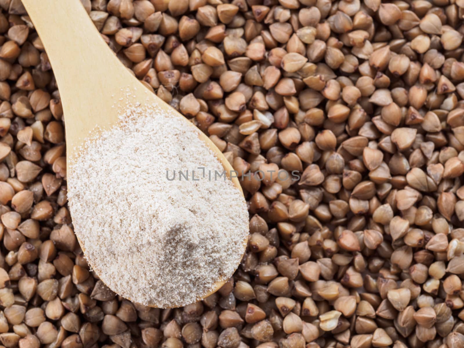 Buckwheat flour in wooden spoon and buckwheat grains. Whole-grain buckwheat flour on buckwheat grains background. Copy space. Top view or flat lay.