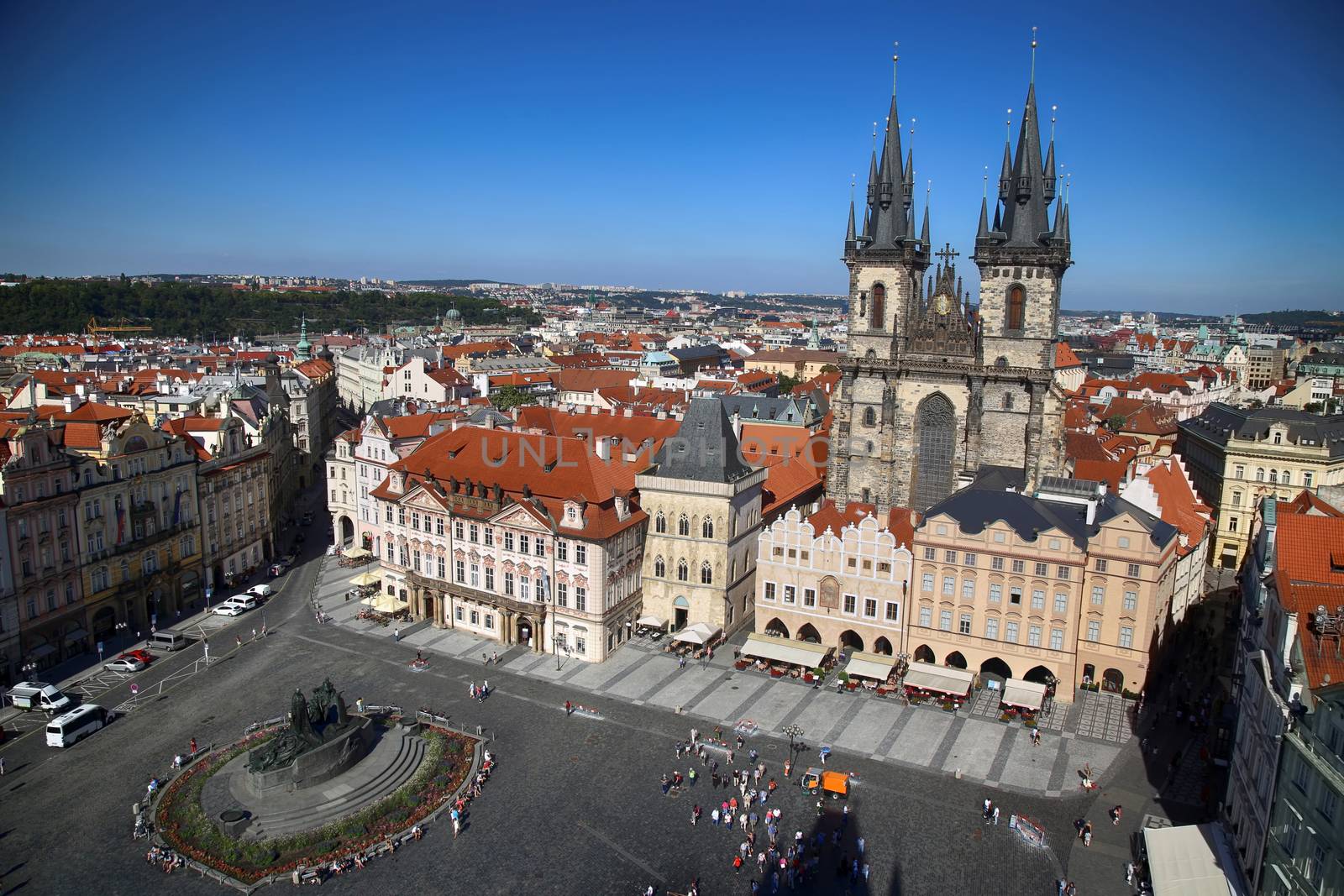 Panoramic view of Old Town Square from The Prague City Hall (clock tower) in Prague, Czech Republic