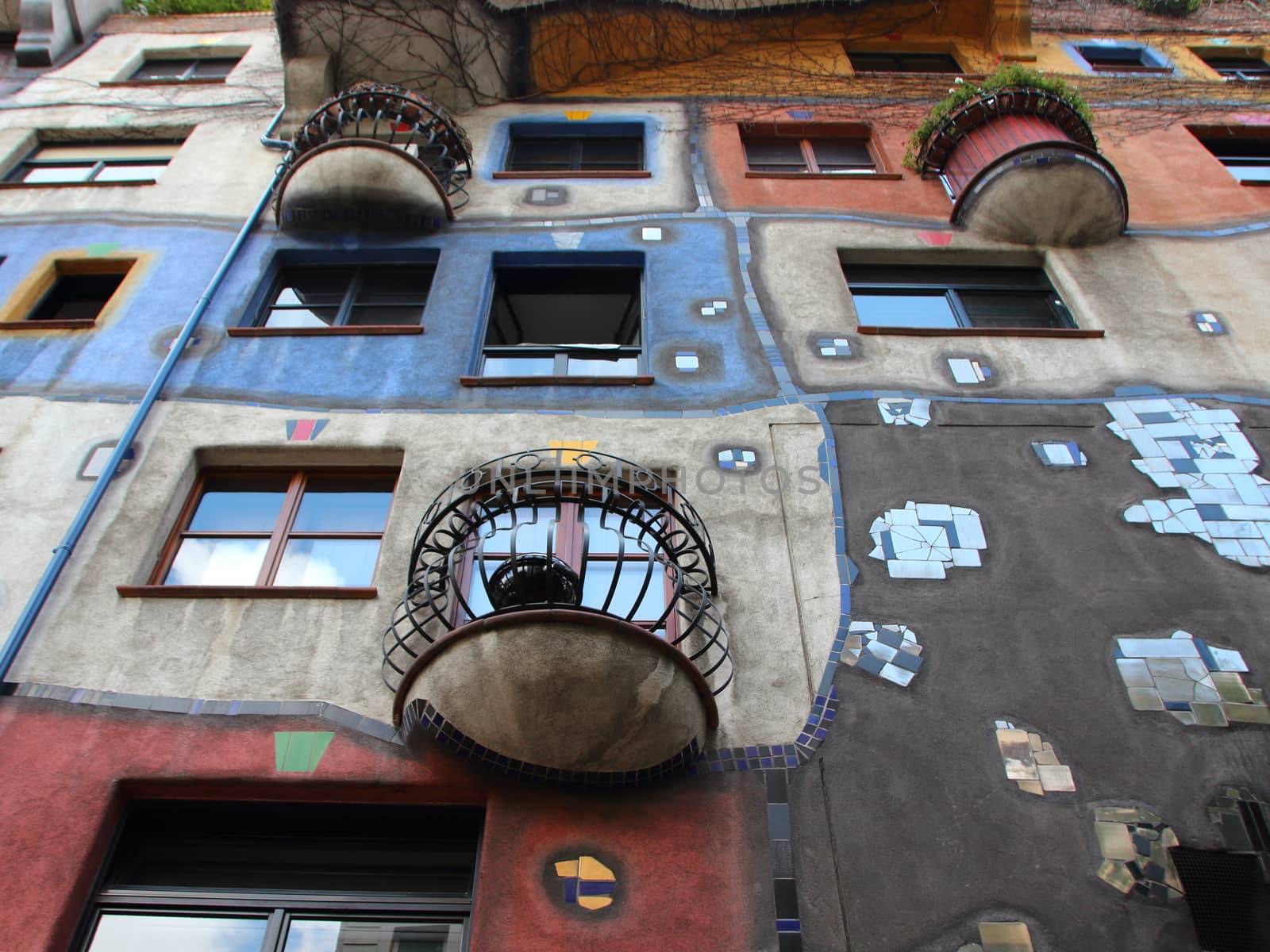 Balcony on Hundertwasser Colorful Decorated Building in Vienna Austria