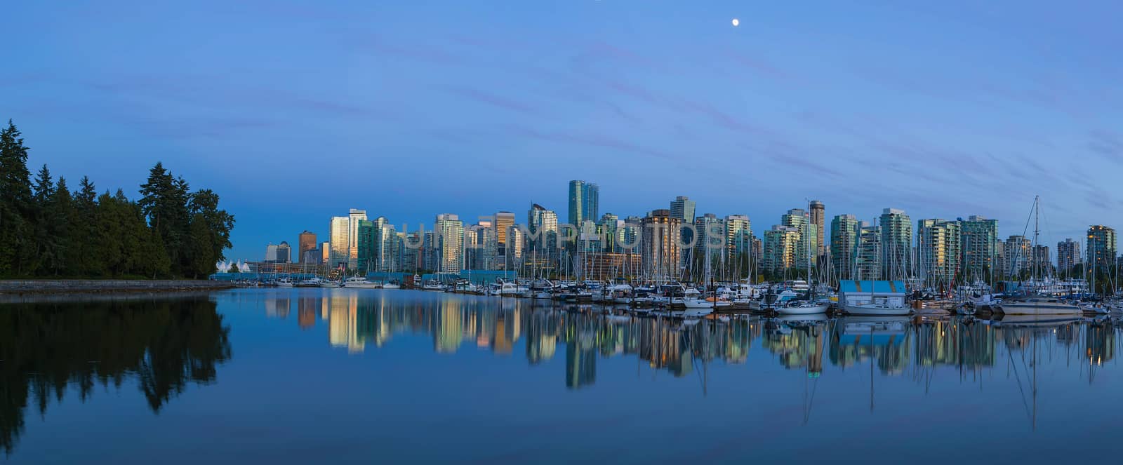 Vancouver British Columbia Canada cuty skyline blue hour panorama from Stanley Park