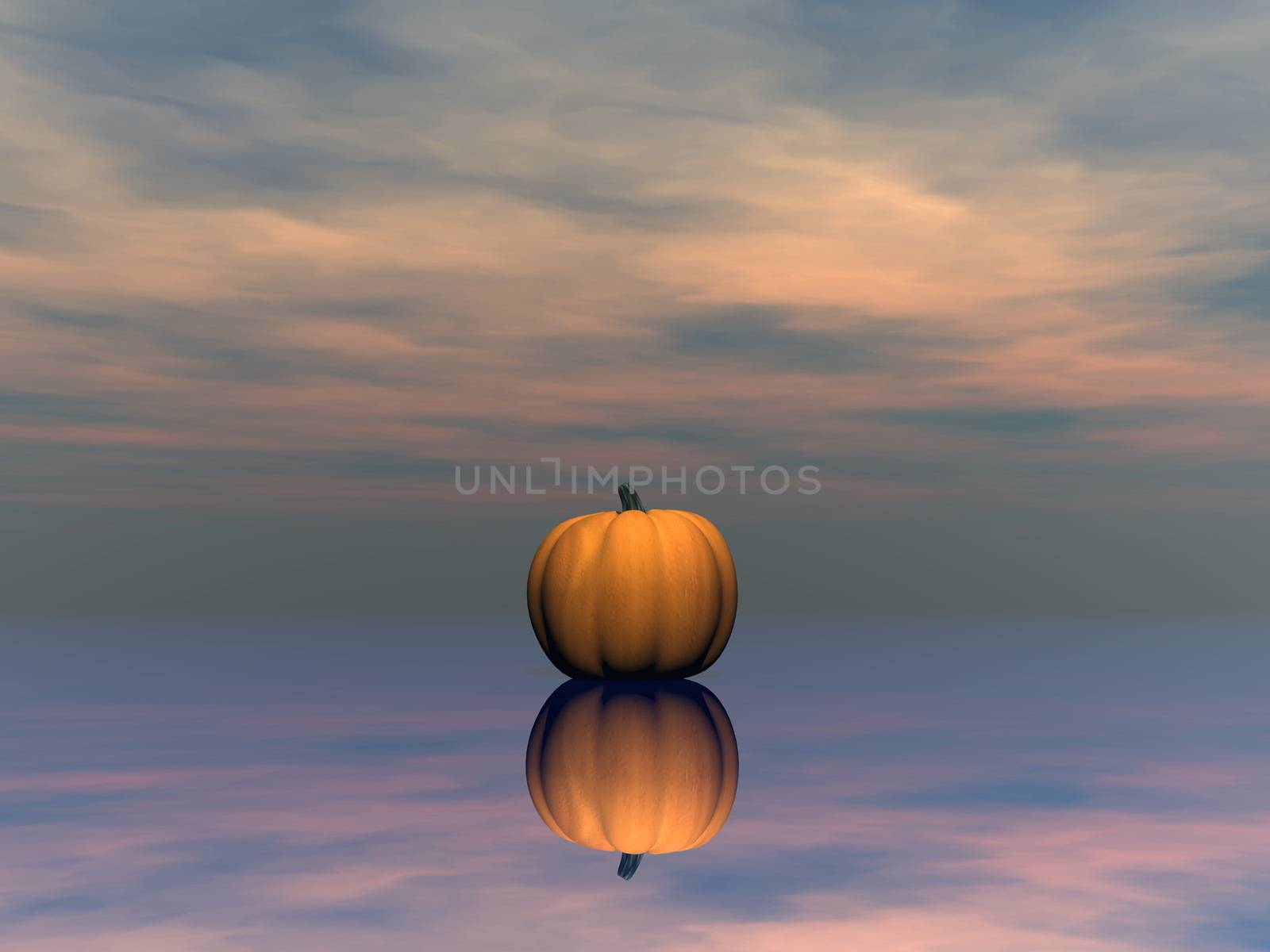 Halloween pumpkin reflection by sunset - 3D render