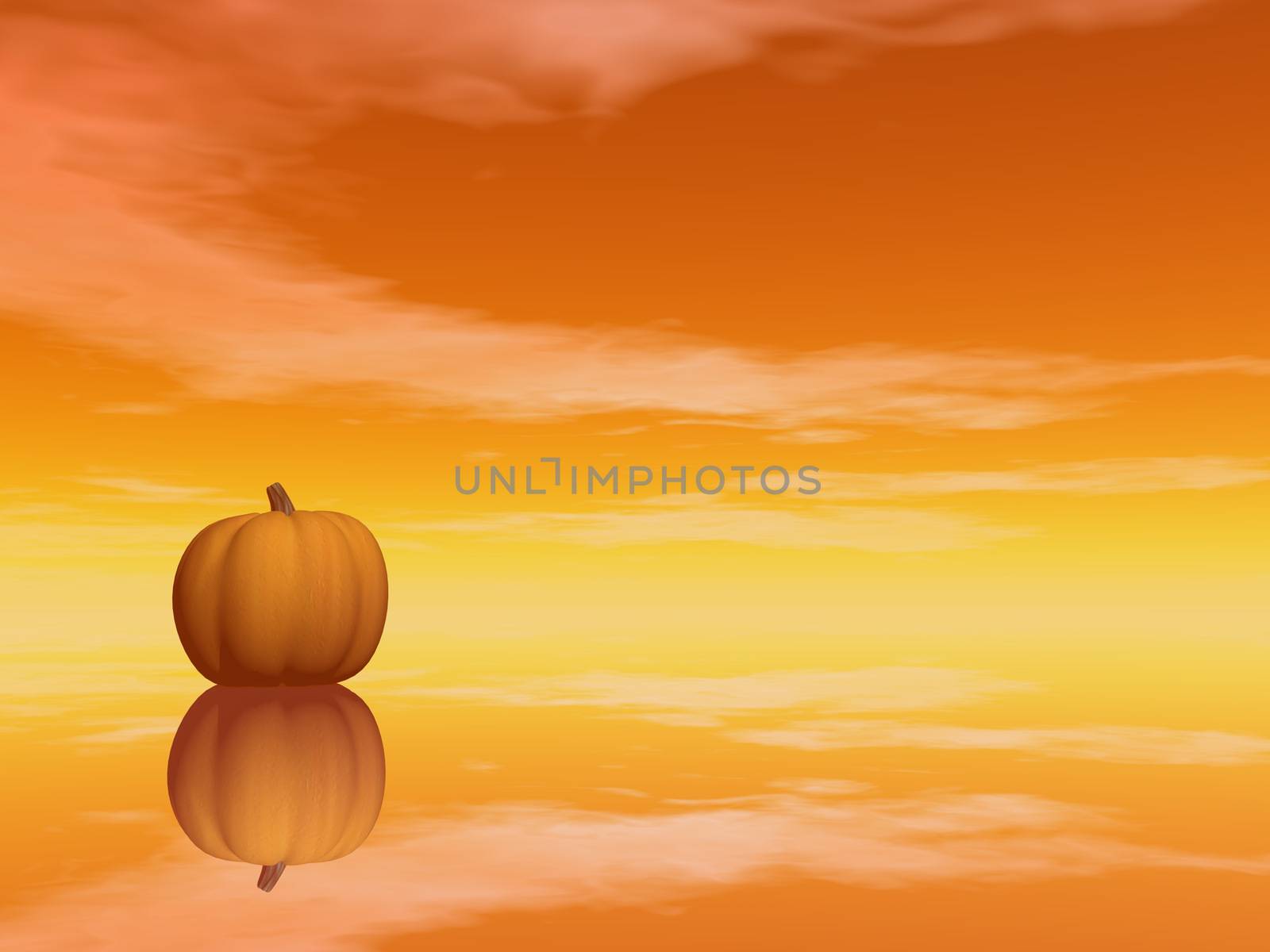 Halloween pumpkin reflection by orange sunset - 3D render