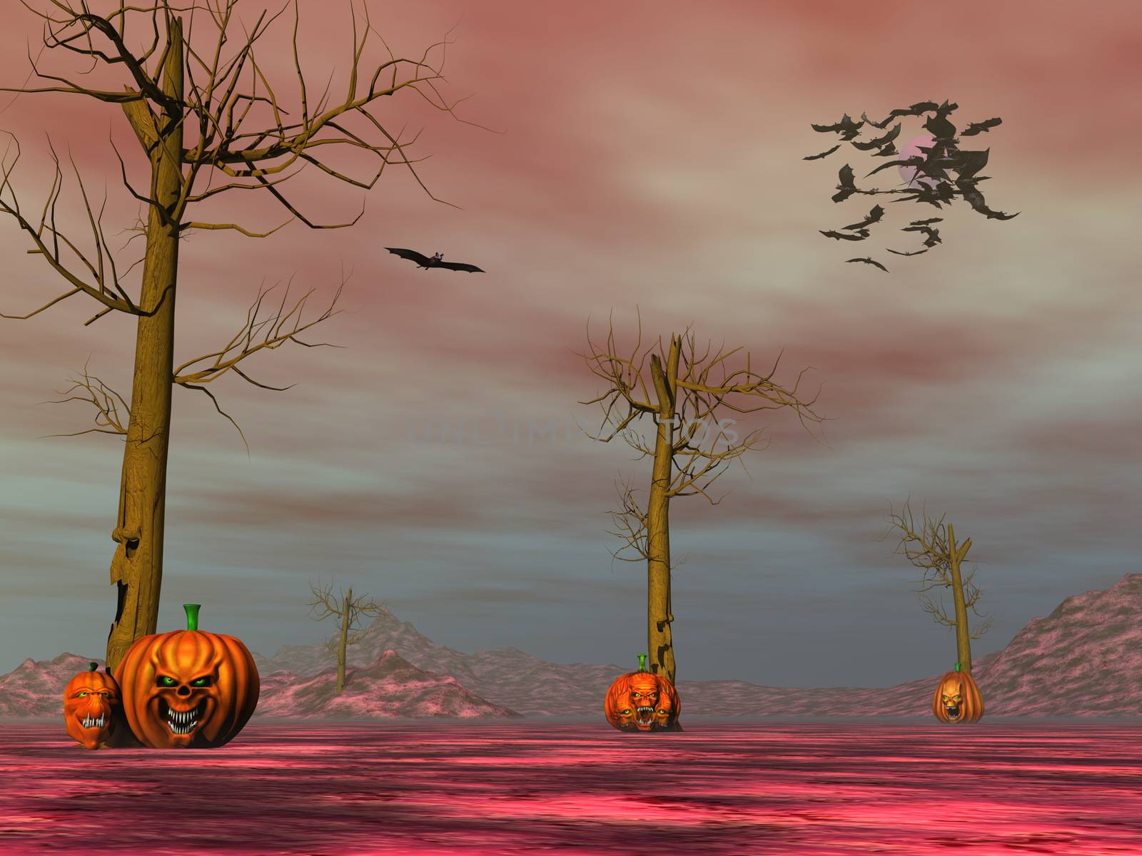 Halloween pumpkin faces scenery by sunset - 3D render