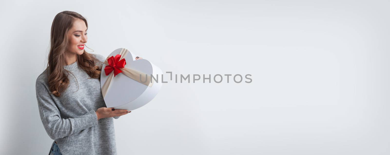 Woman open heart shaped box, Valentines day love concept