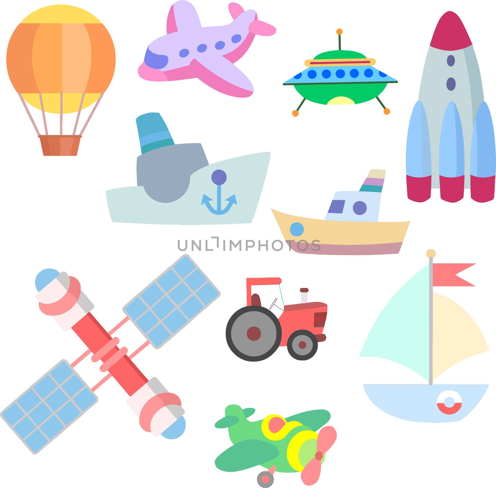 vector art. Isolated illustration for a game on a white background. Vehicles: rockets, satellites, ships and a tractor