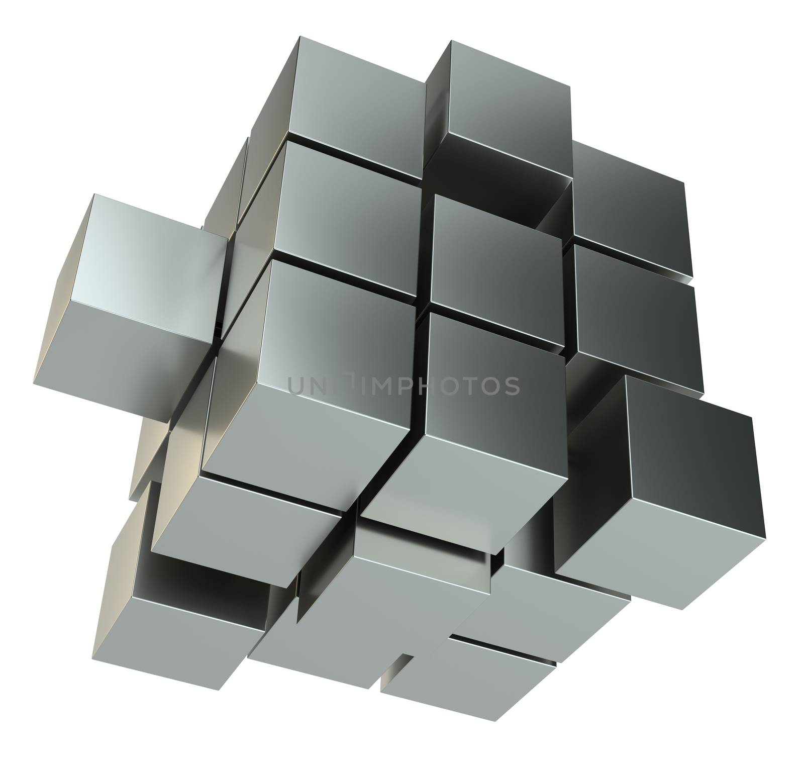 Abstract 3d illustration of cube assembling from blocks. Isolated on white. Template for your design