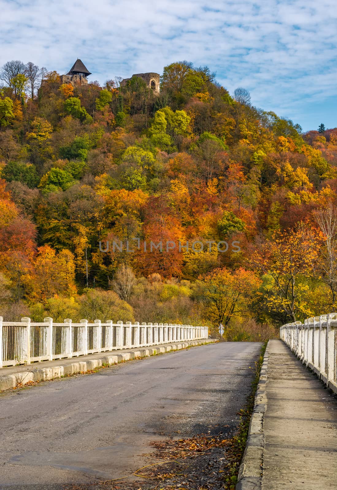 Nevytsky Castle, Ukraine - October 27, 2016: bridge to Nevytsky Castle hill with yellow foliage in autumn forest. popular tourist attraction