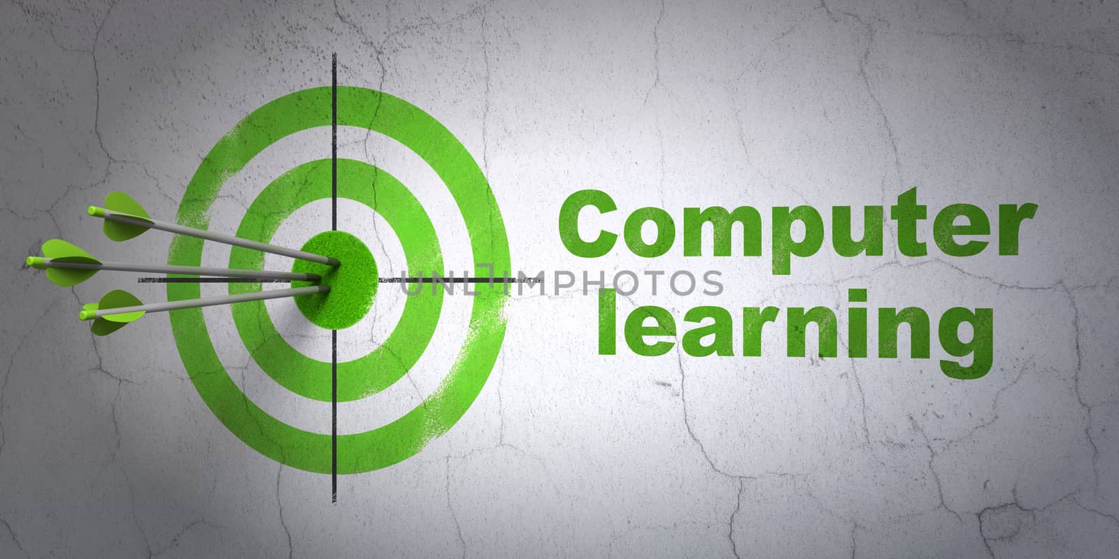 Success Studying concept: arrows hitting the center of target, Green Computer Learning on wall background, 3D rendering