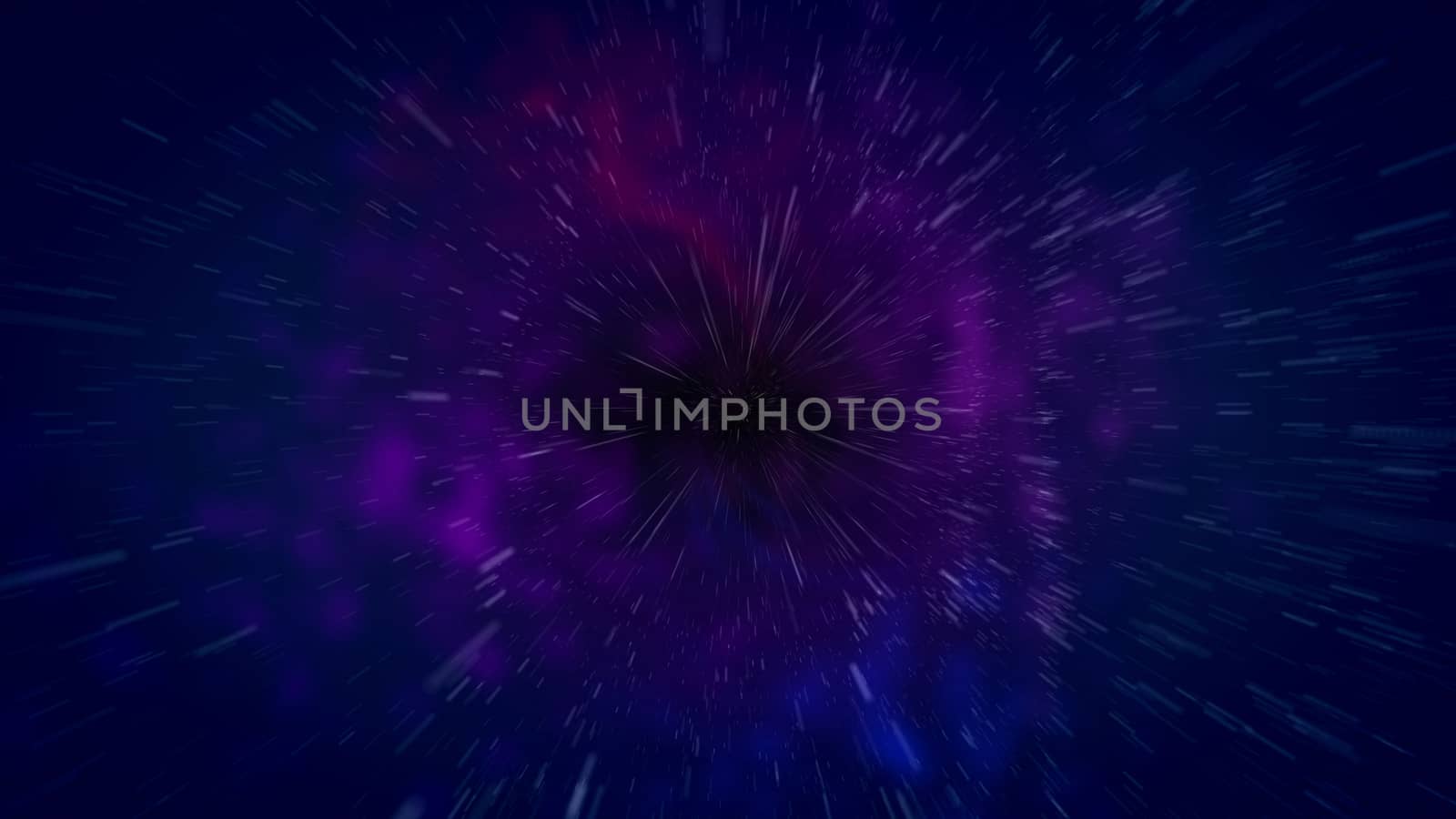 Enigmatic 3d illustration of a cosmos black hole. It has a black center with several nebulas covering its contours and thousands of particles dashing away in the dark blue background