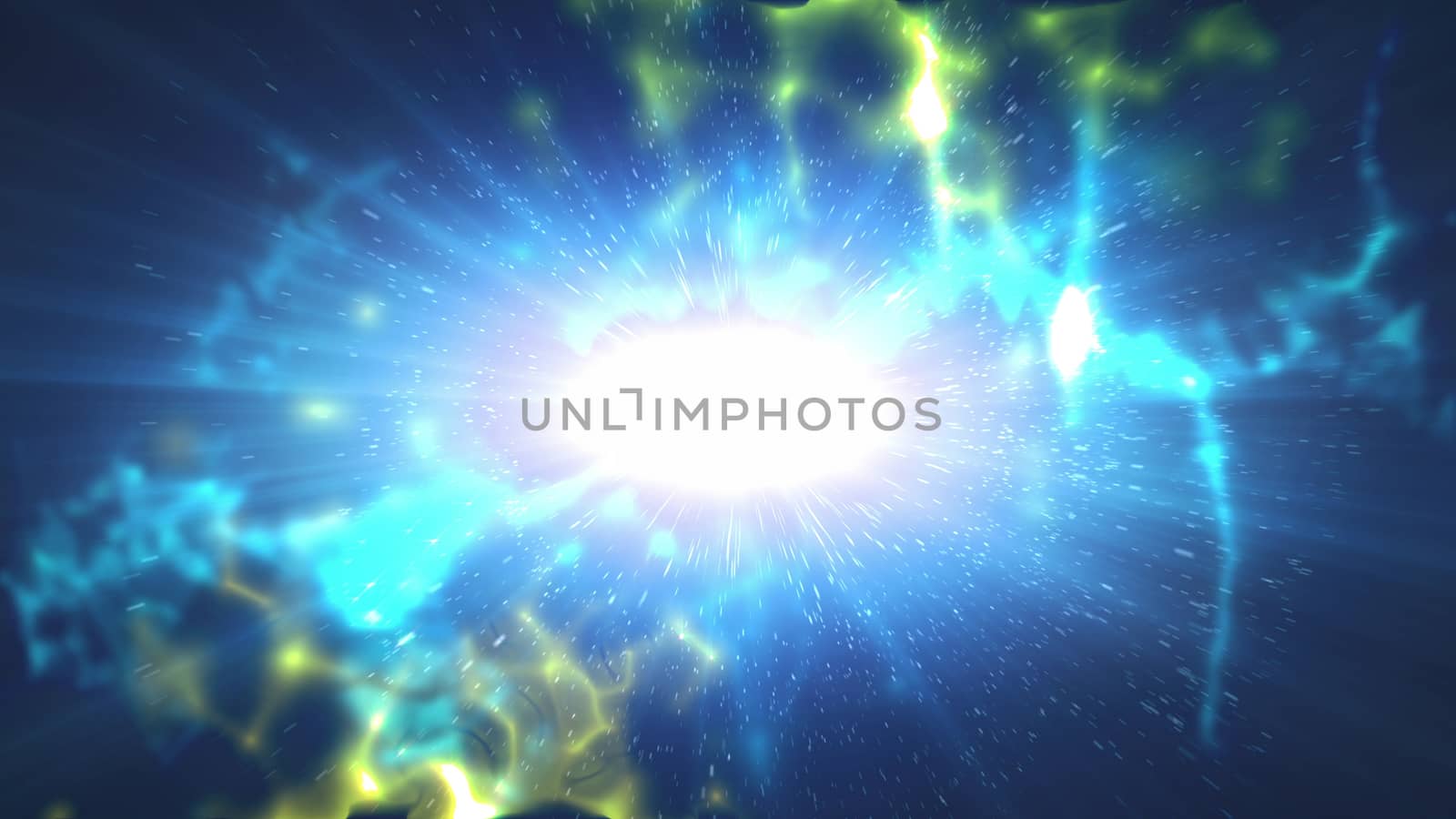 Futuristic 3d rendering of an outer space plazma looking big bang. It is sparkling white in the center, with yellow protunerances and nebulas covering its contours in the blue background