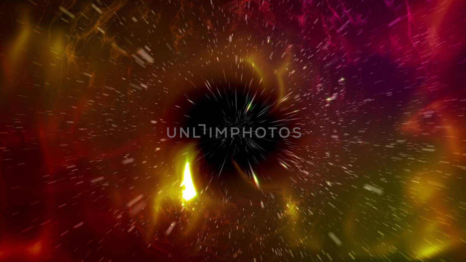 Original 3d rendering of an outer space black hole with spiral plazma looking curvy energy forms. It is black in the center, with white, yellow and orange blazes in the black background