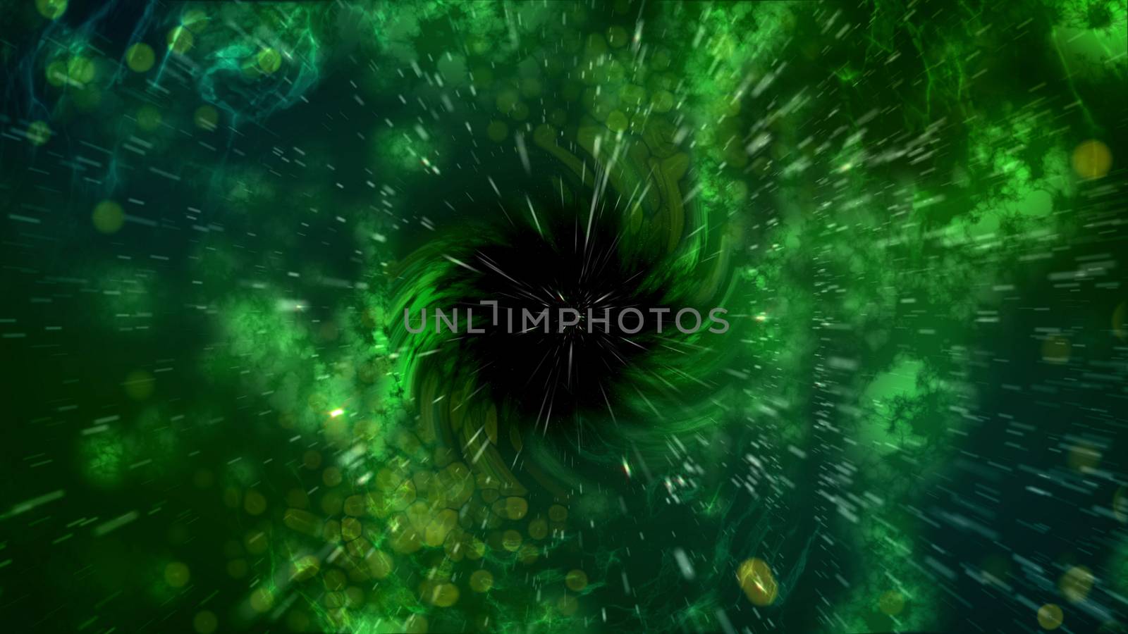 Striking 3d rendering of a spiral looking universe black hole. It has a black center with hundreds of glowing particles rushing away in the dark green and black background