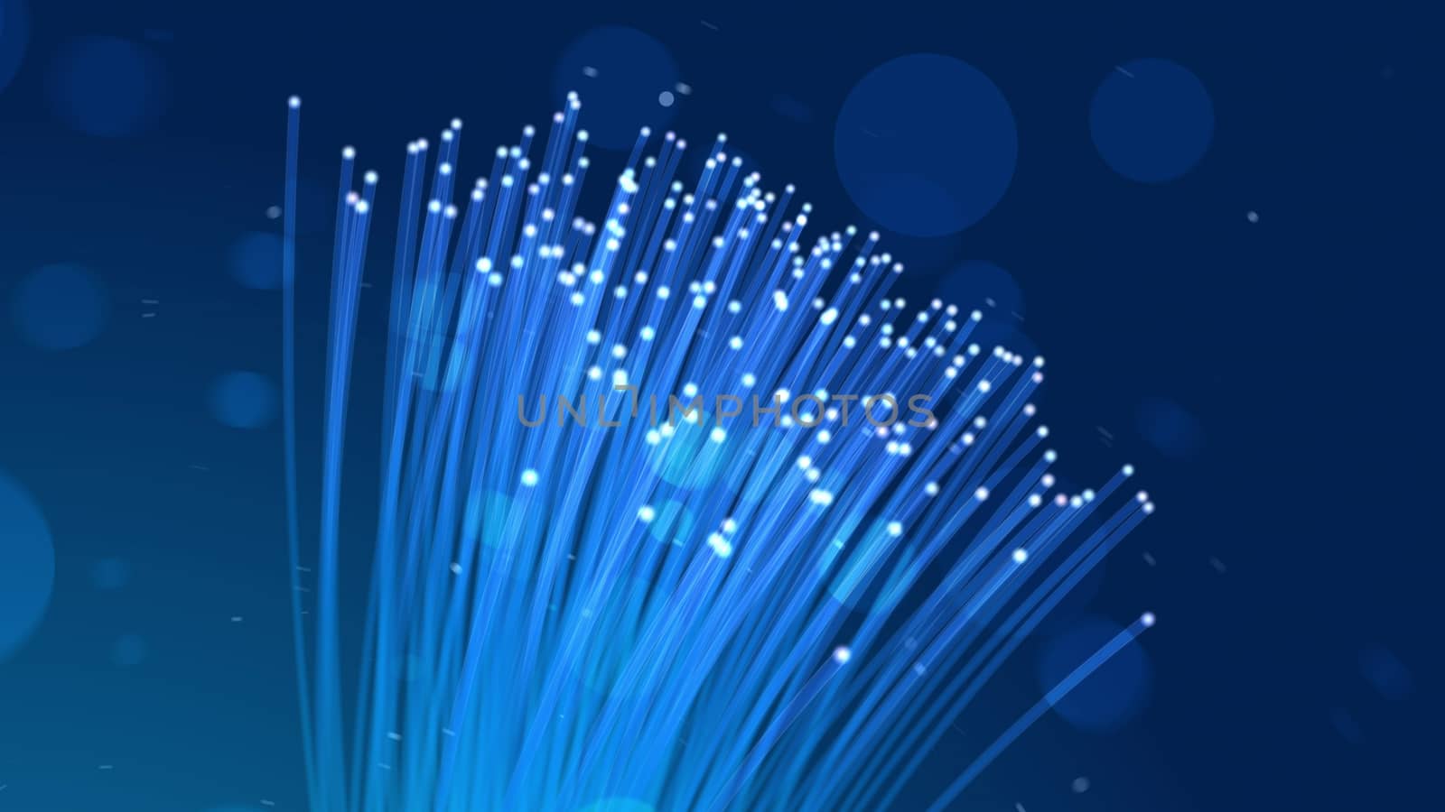 Futuristic 3d rendering of a group of light blue transparent optical fiber pipes moving in some dotty and blue cyberspace. They finish with beaming white spots.