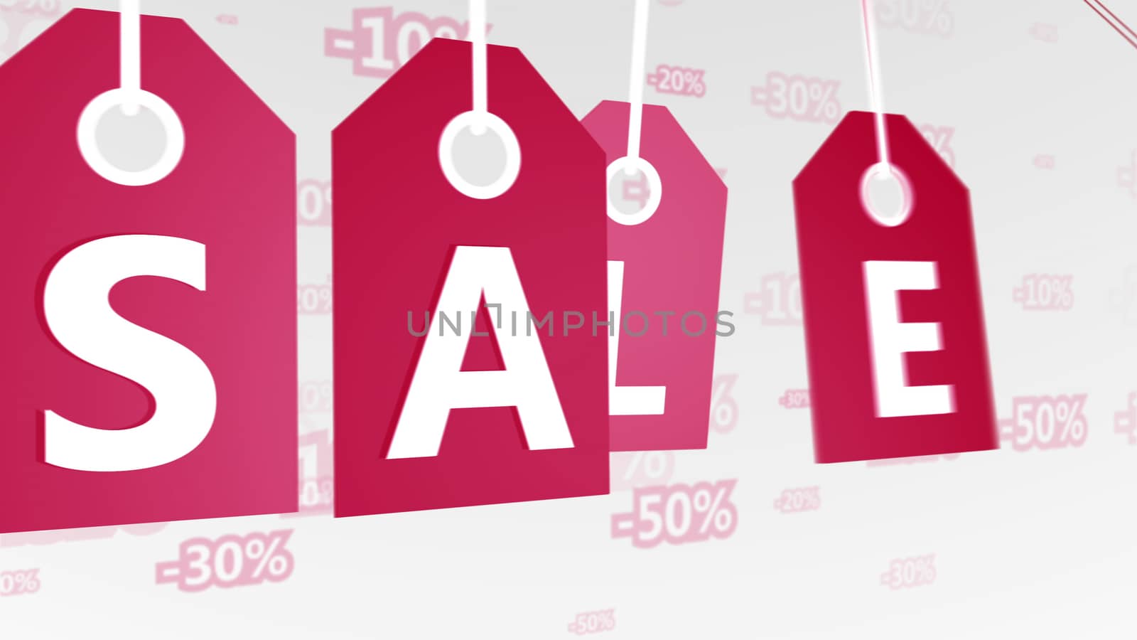 Cheery 3drendering of four retro red sales tags swinging in the white background with 20, 50, 100 percent discounts. It is linked with Christmas. 