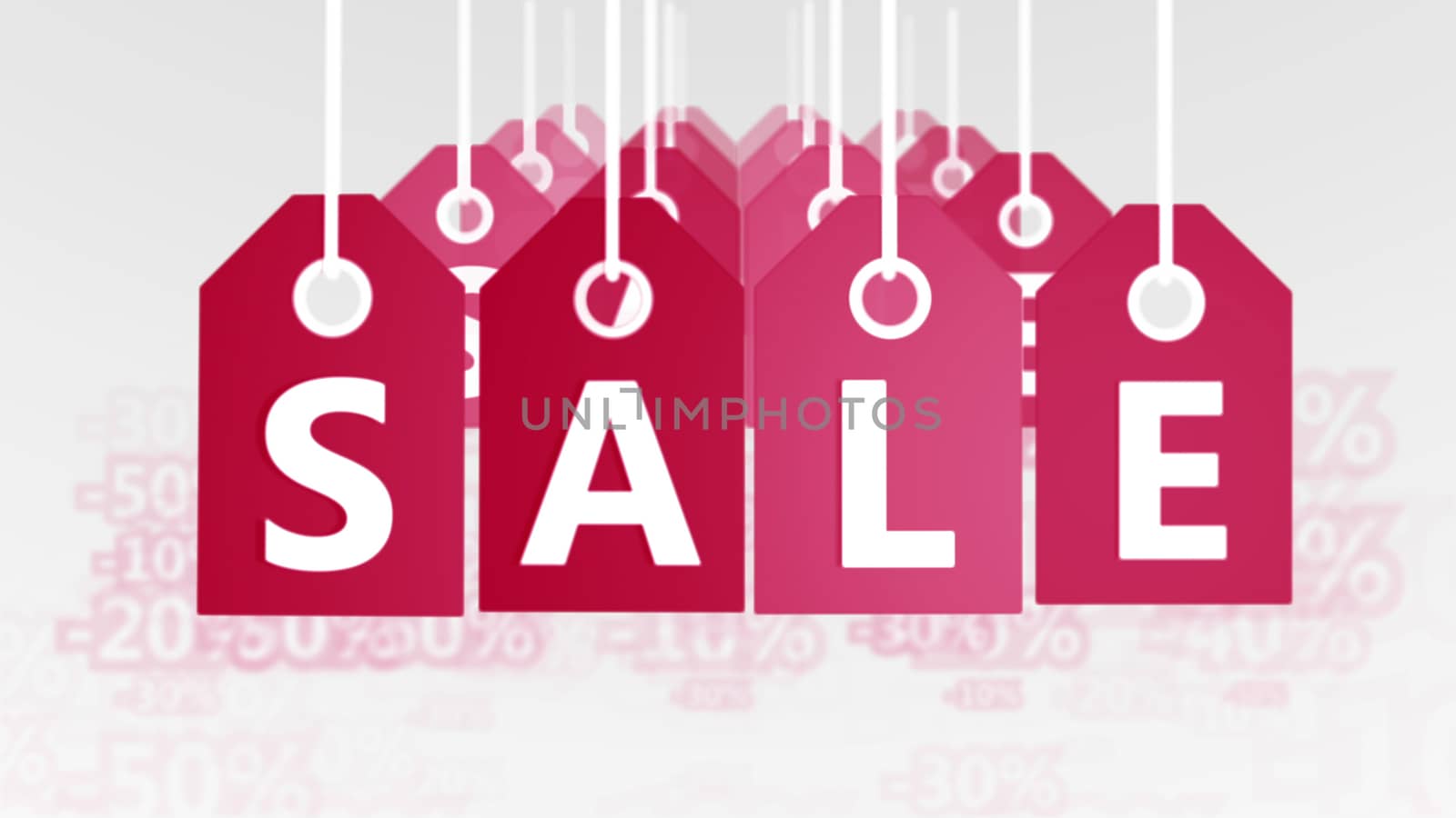 Artistic 3d illustration of four rows of retro red sales tags put in lines in the white background with 10, 20, 30, 50, discounts. They look festive, they are used at Christas. 