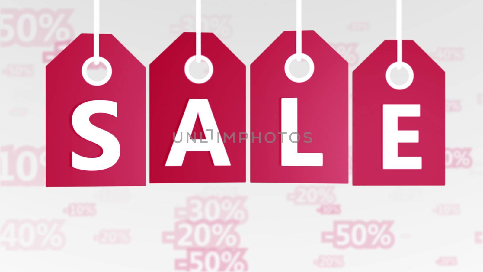 Festive 3d illustration of four red sales tags hanging in the white background with 20, 30, and 50 percent discounts. They are connected with Christmas. 