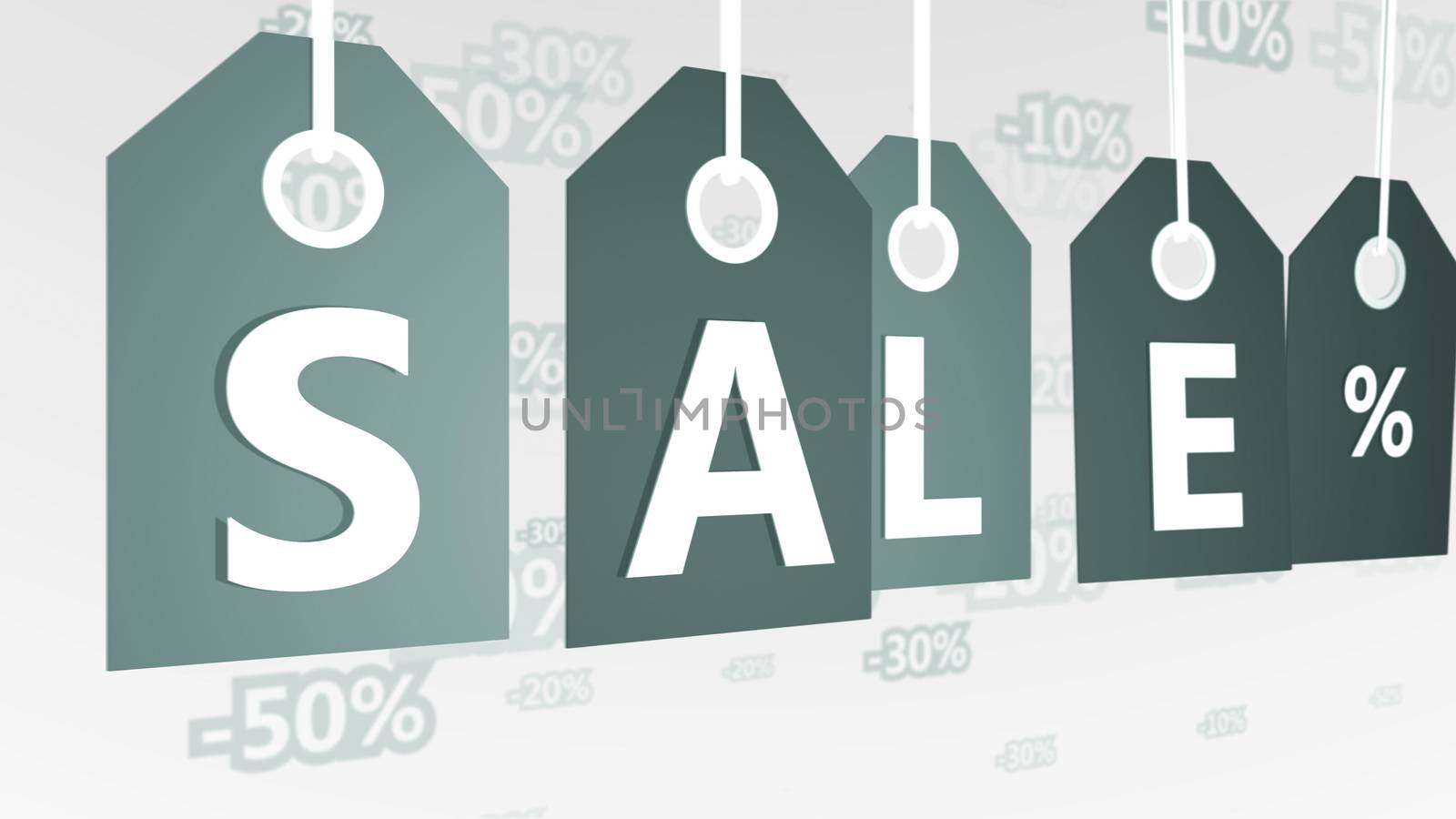 3d rendering of five grey sales tags placed askew in the white background with letters S, A, L, E, and sign per cent, as well as 20, 30, and 50 percent discounts. They symbolize modern business. 