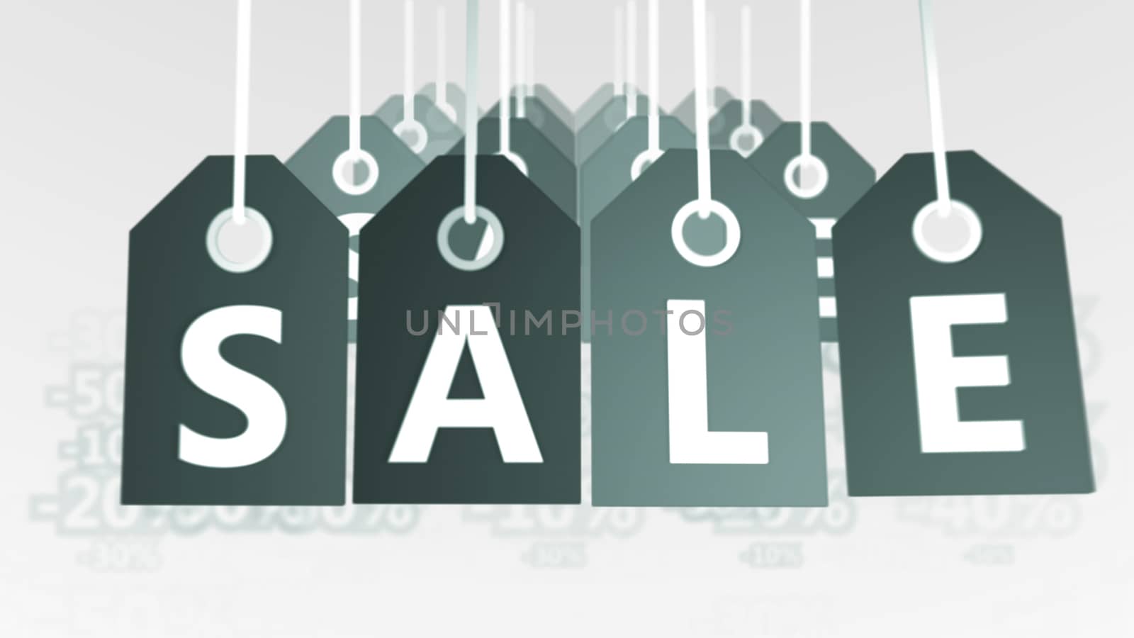Striking 3d illustration of sixteen grey sales tags located in four rows in the white background with letters S, A, L, E, and a number of digital discounts. They designate modern trade. 