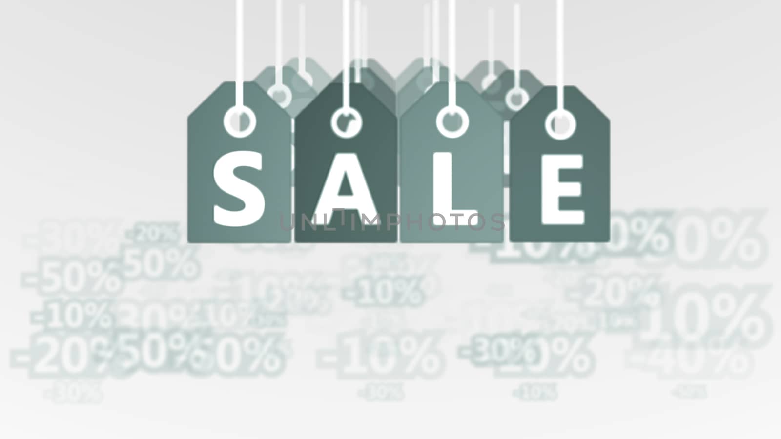 Multilayered 3d rendering of twelve grey sales tags placed in three lines in the white background with letters S, A, L, E, and 20, 30, 40, and 50 percent discounts. They denote modern commerce. 