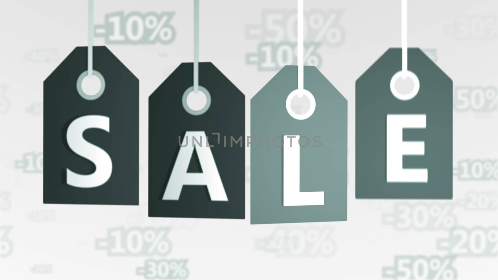 Salient 3d rendering of four grey sales tags of different tints placed in a line in the white background with letters S, A, L, E, and a number of digital discounts. They designate buy and sell world. 