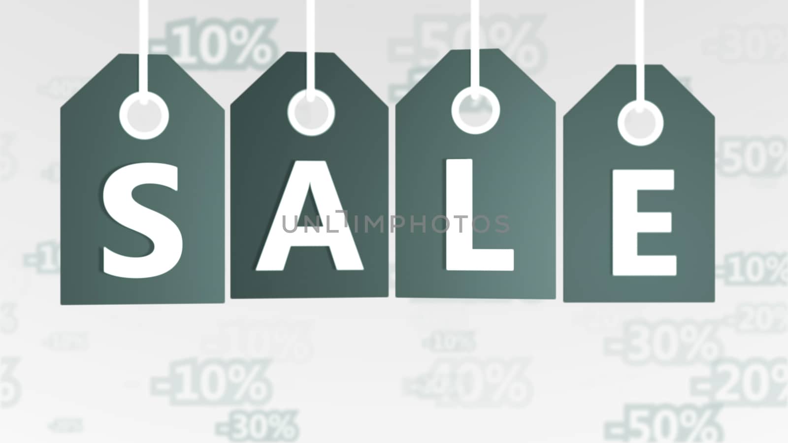 Arty 3d illustration of four grey sales tags of various shadows placed in a line in an evenly in the white background with letters S, A, L, E, and several numeric discounts. They mean business. 