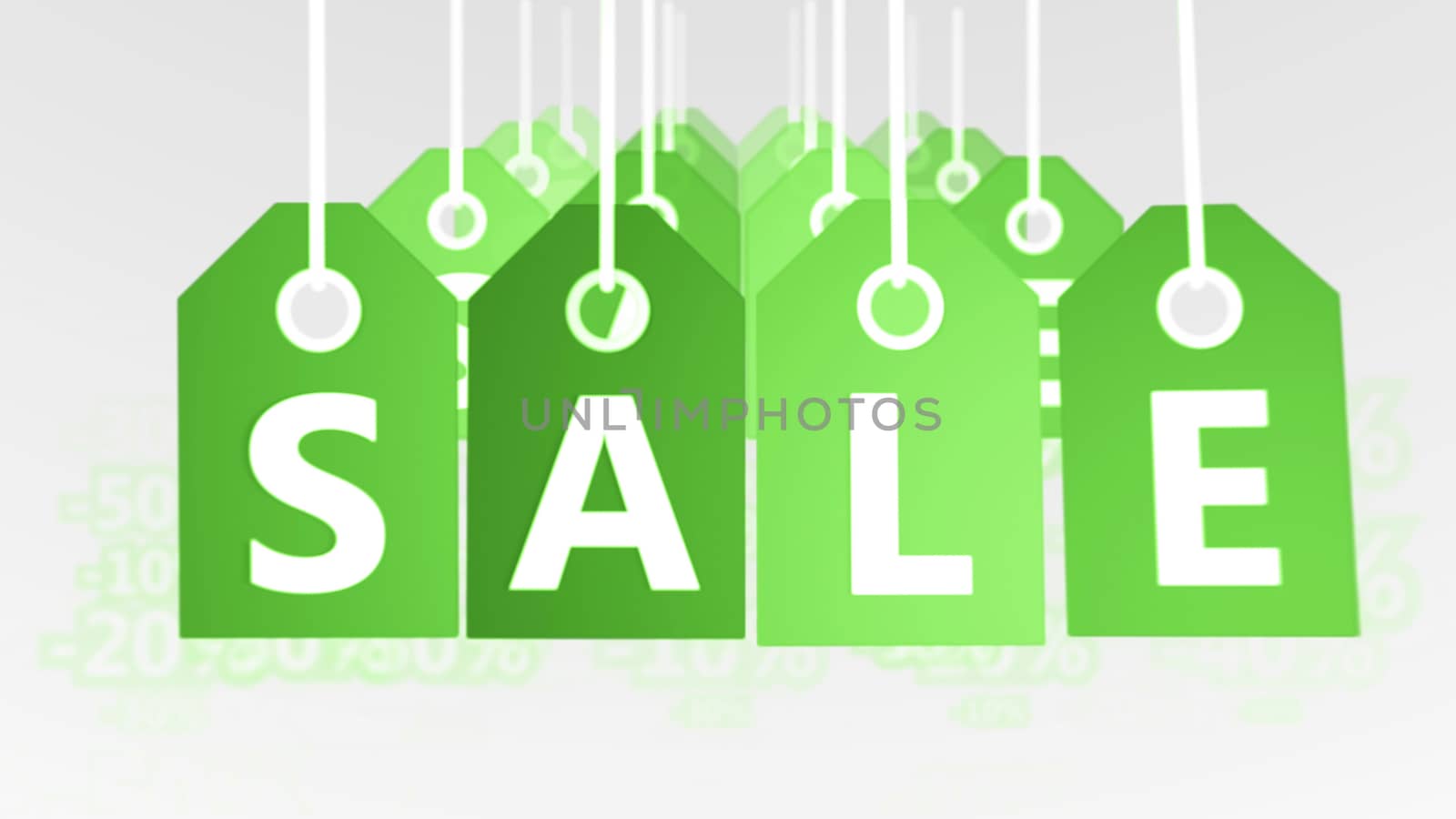 Holographic 3d illustration of sixteen lime green sales tags of light shadows put in four rows in the white background with letters S, A, L, E. They mean the powerful world of business. 