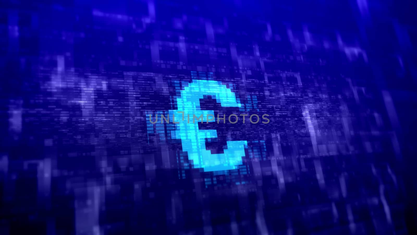 Artistic 3d rendering of a blue euro sign placed aslant in the dark blue background covered with multilayered lines and squares in a holographic presentation