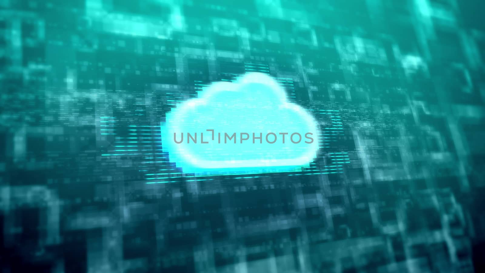 Impressive 3d illustration of a light blue cloud sign placed in the center in the dark blue background covered with multilayered lines and symbols in an abstract presentation