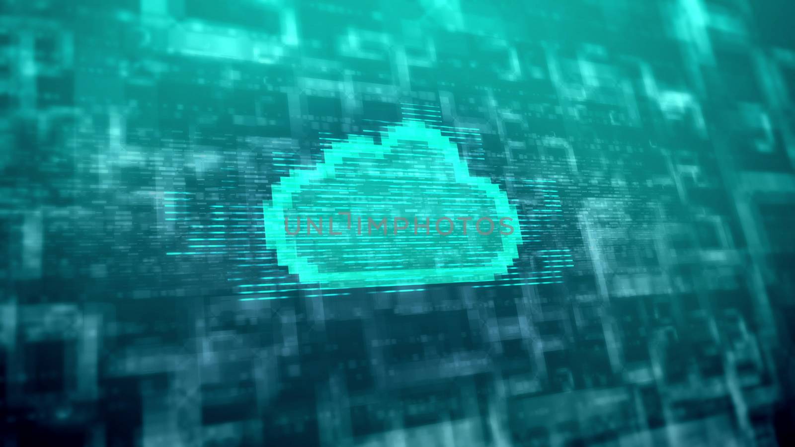 Holographic 3d rendering of a light blue cloud sign located in the center in the dark blue background covered with multifaceted lines and corners in a futuristic presentation